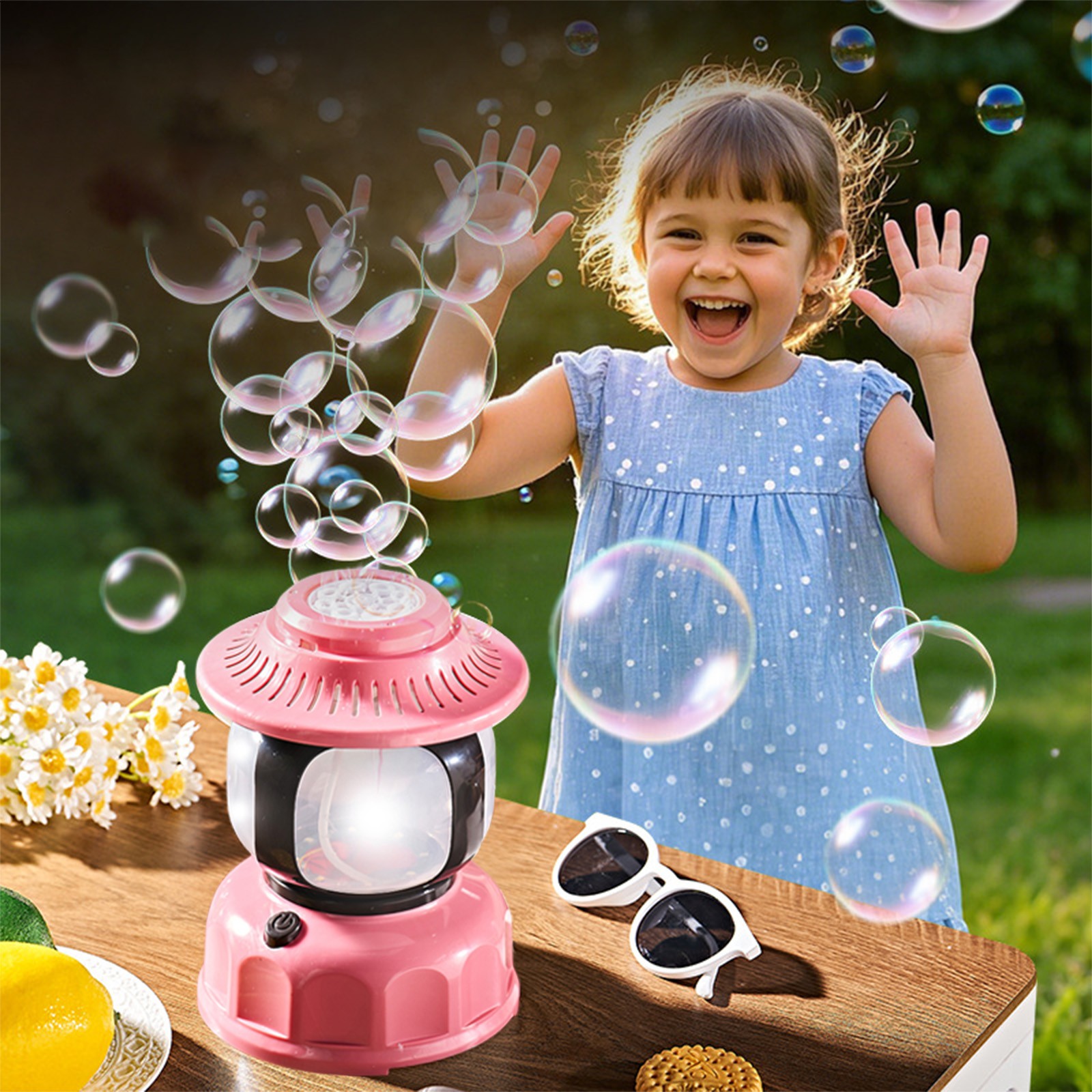 Rechargeable Bubble Machine for Ki-ds, Portable Bubble Blower with Soft LED Night Light, Automatic Bubble Maker for Outdoor & Indoor Use