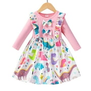 Popshion Toddler Girls Dinosaur Bowknot Dress Color Block Round Neck Casual Mid-length Fall Dress