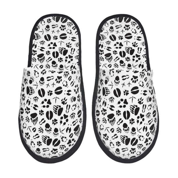 Fotbe Black Footprints Pantuflas Peludas para Mujer con Estampado, Zapatillas de Peluche, Zapatos de Invierno para Casa, Uso Interior y Exterior-Medium