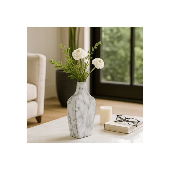 Decorative Ceramic Vase for Living Room Decor - Marble Inspired House Accent for Entryway Console Table Decor - Flower Vase for Dining Room, Bedroom, and Office - 11", White & Black