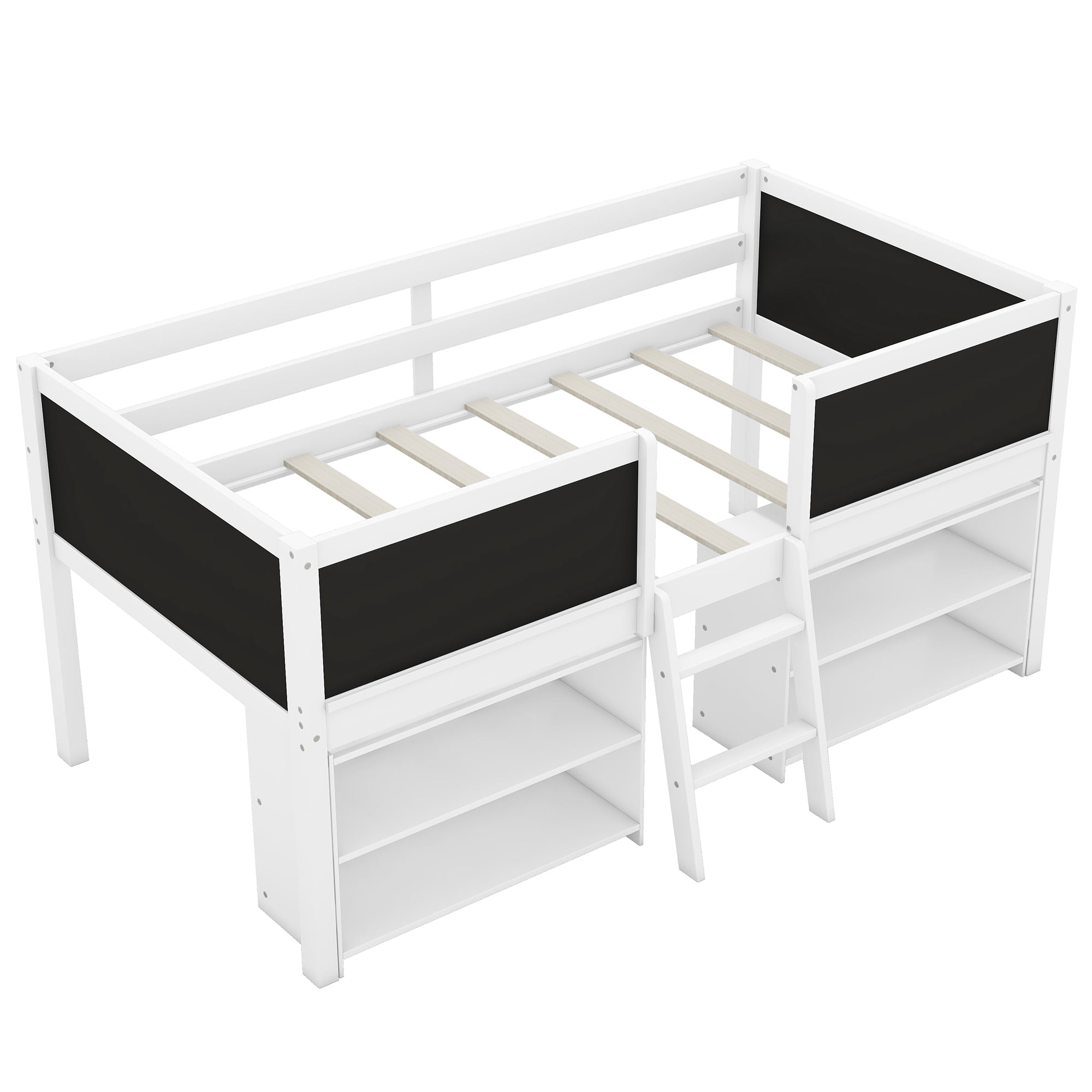 Euroco Twin Size Loft Bed with Shelves and Chalkboard, Storage Bed with Guardrails, White