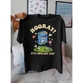 thumbnail image 1 of Women's Casual Short Sleeve T-Shirt - HOORAY! IT's LIBRARY DAY Graphic Print with Books, Flowers & Stars - Black Round Neck Summer Top - 100% Cotton Machine Washable, Easycare Clothing, Whimsical, 1 of 7