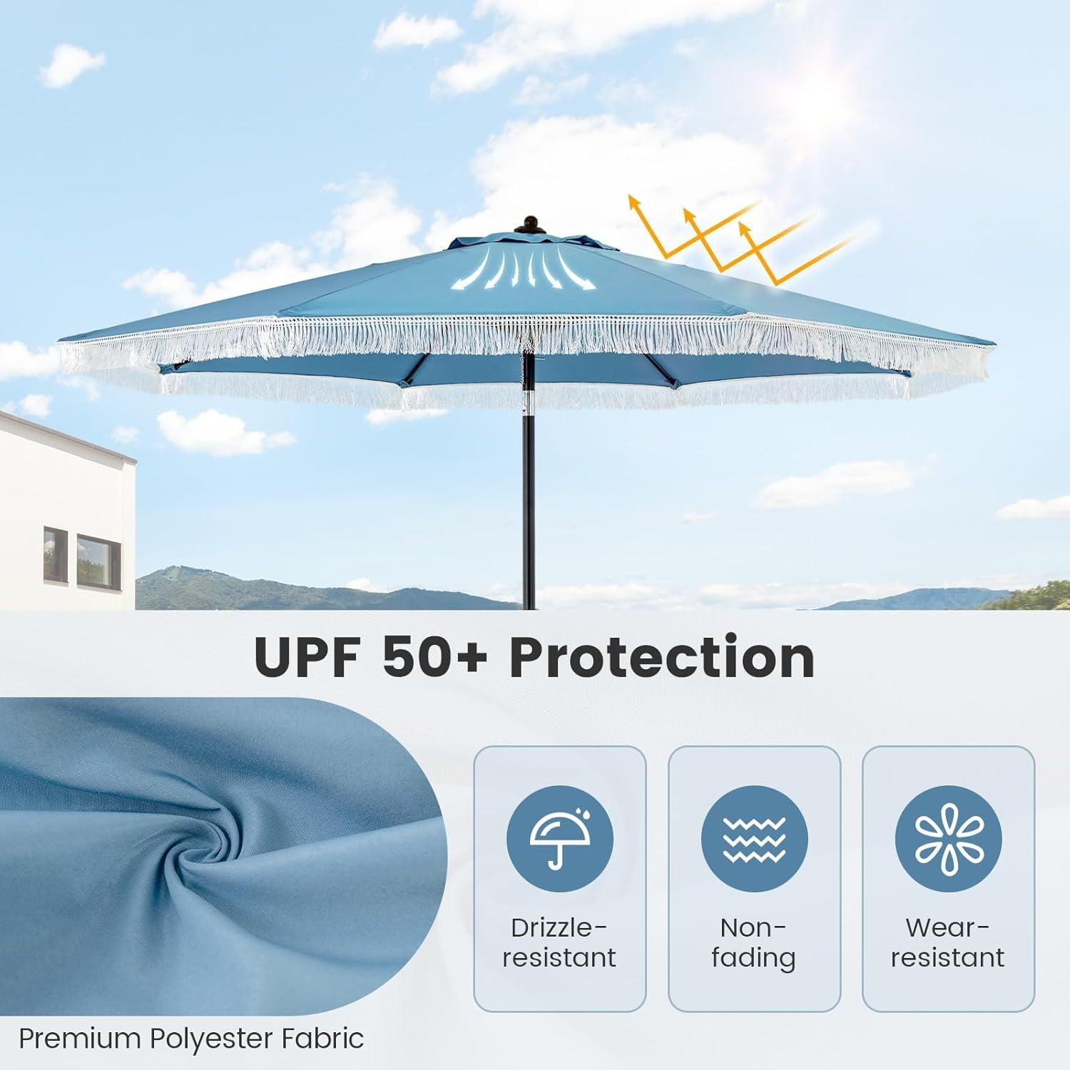 CRXX 9 FT Patio Umbrella with Fringe, Outdoor Tassel Umbrella with Push Button Tilt, Crank, 8 Ribs, Vented Top, Fade-resistant Canopy, Heavy-Duty Market Table Umbrella for Yard Garden Pool-Blue