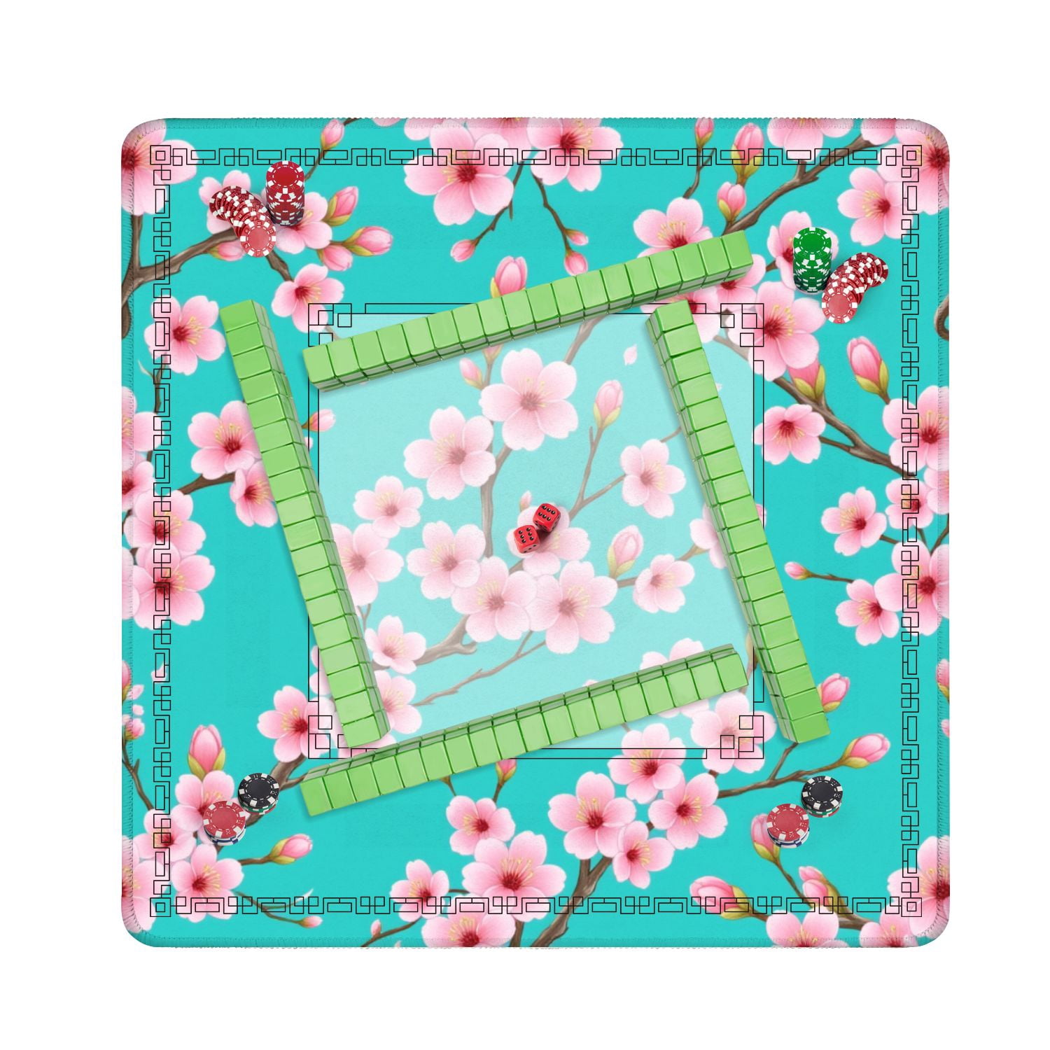 Mahjong Mat 31.5" x 31.5" Seamless Pink Cherry Blossoms Turquoise Non-Slip Noise Reduction American Mahjong Tiles Table Cover for Dominoes Poker Card Board Games Gift