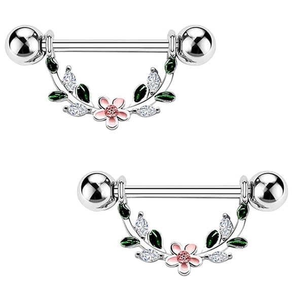 14G 316L Stainless Steel Nipple Rings for Women Flower & Leaf Design Nipple Piercing Jewelry (2PCS)