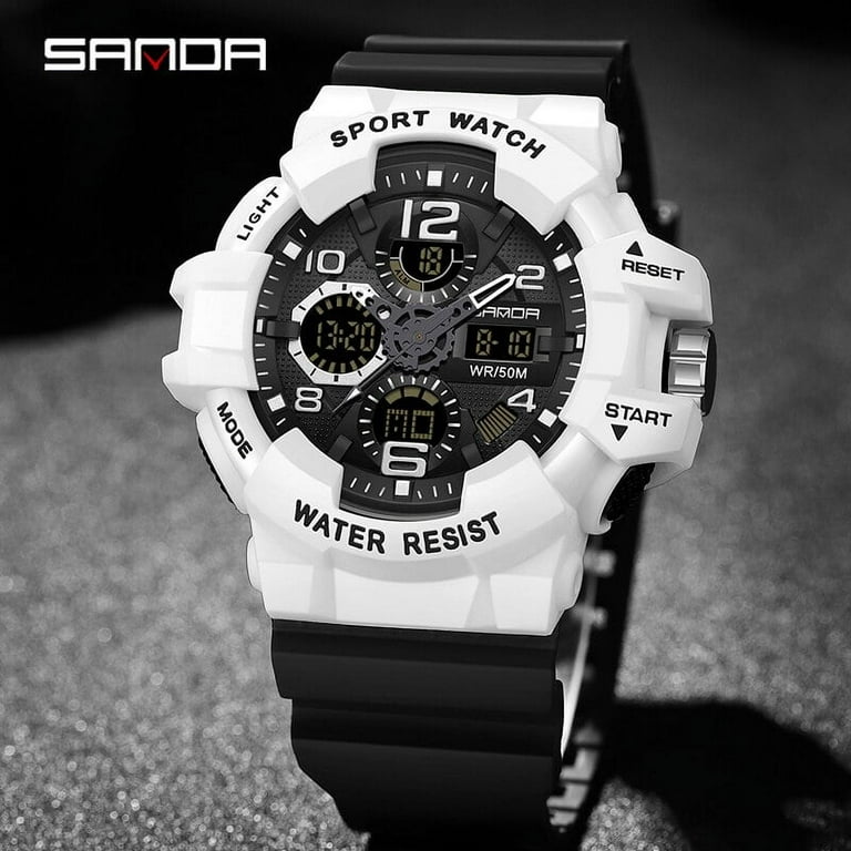 SANDA-relojes deportivos blancos simples para hombre, reloj Digital LED  militar, despertador, cronógrafo, resistente al agua hasta 50M