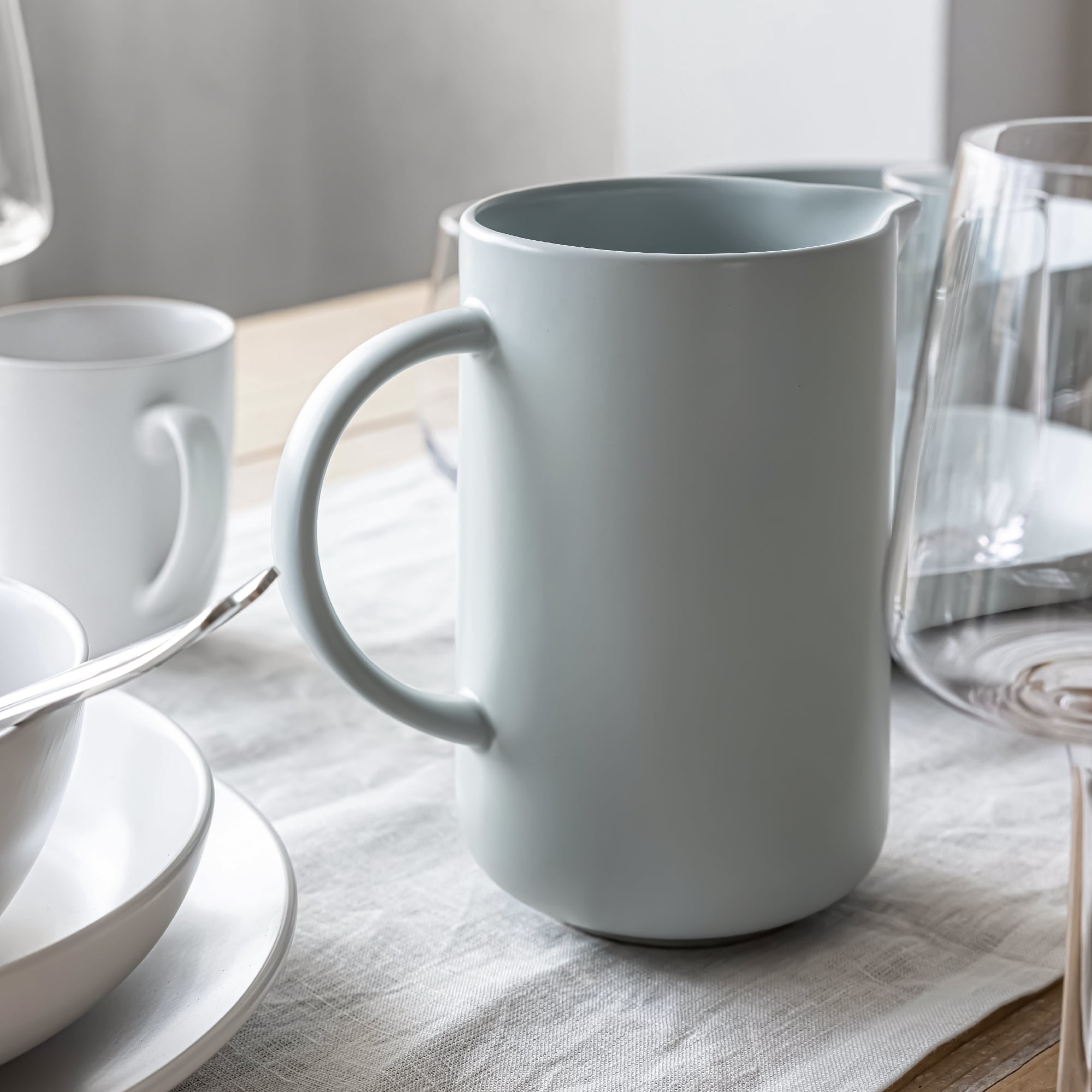 over&back Coupe Stoneware Pitcher - Elegant Water Pitcher for Home Decor and Beverages - Use as a Serving Pitcher or Decorative Vase - 42 Oz - Semi-Matte Fog Blue