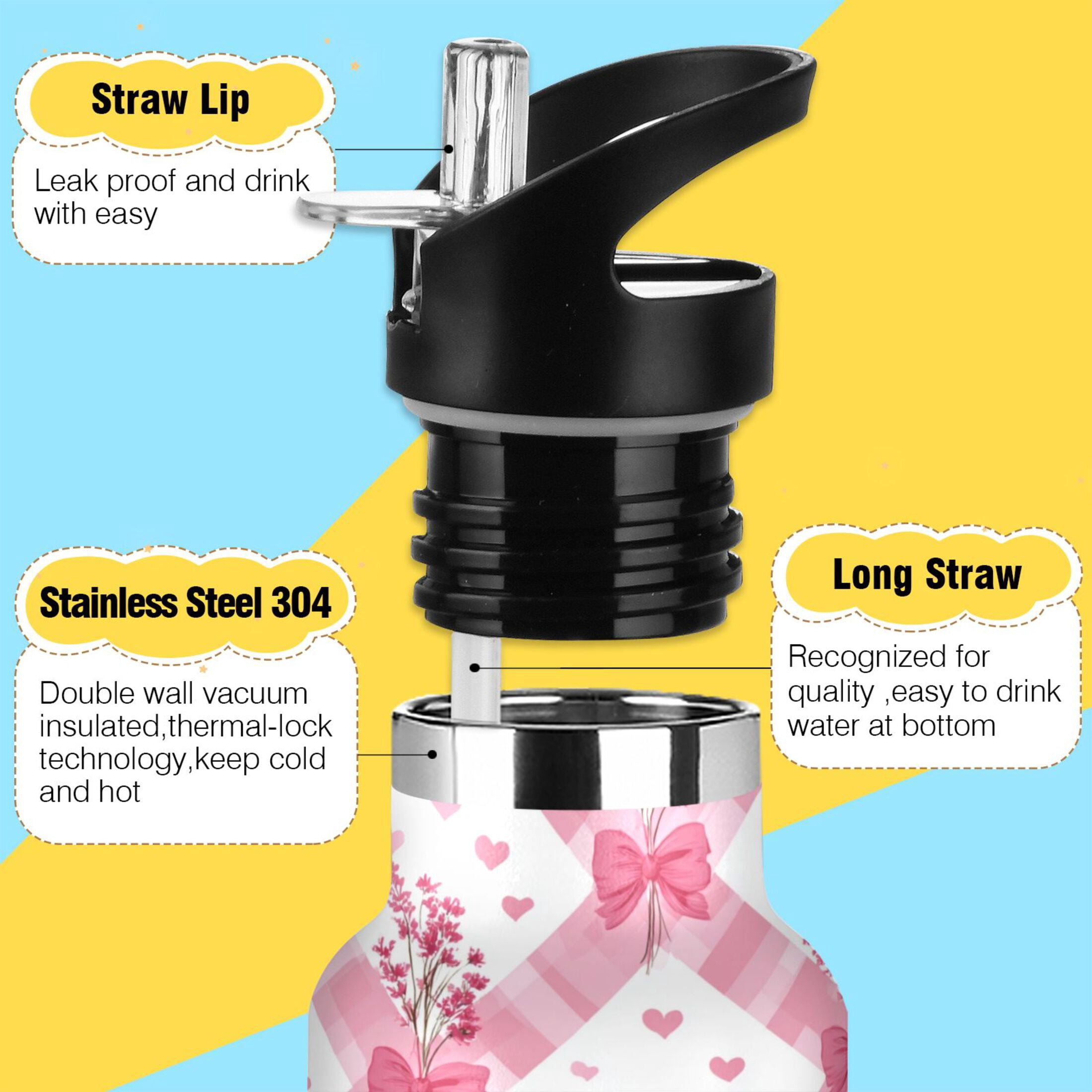 Kids Insulated Stainless Steel Sports Water Bottle 600ml Bows and Wildflowers Pattern