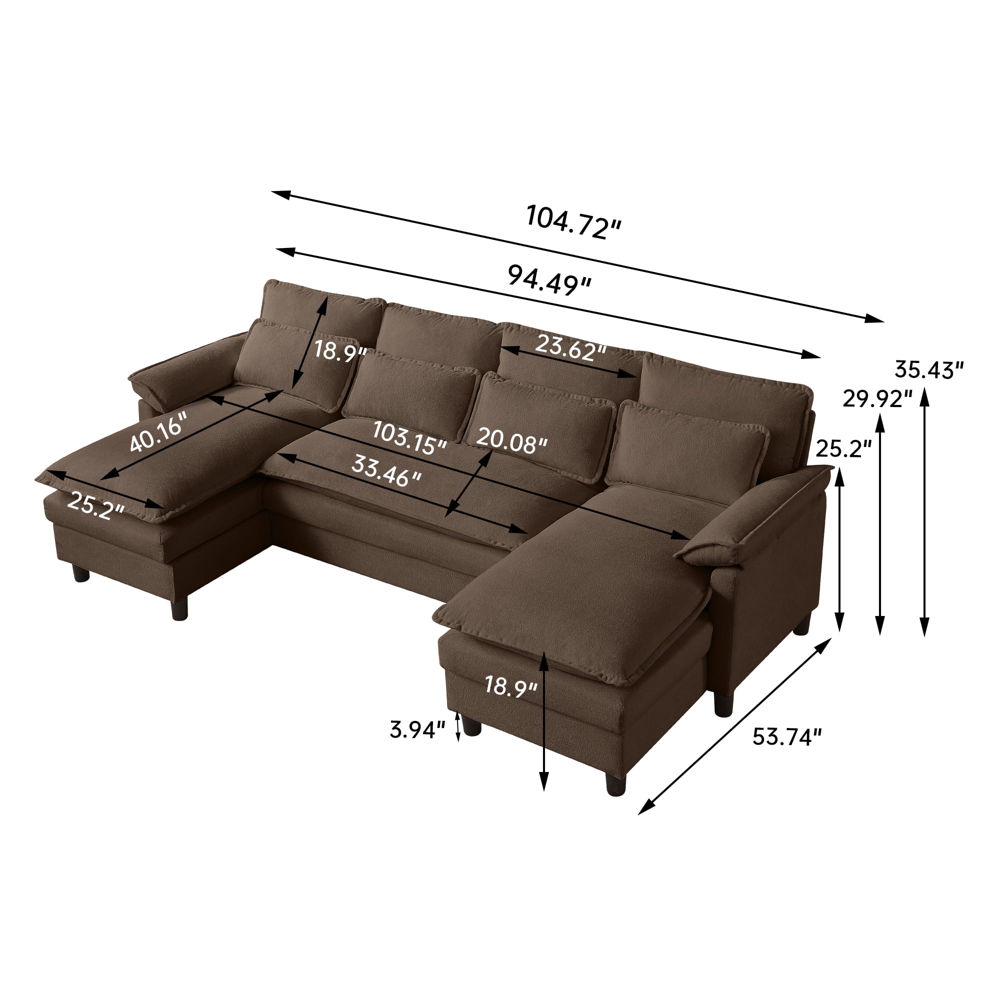 Soscana U Shaped Cloud Couch Sectional Sofa 4 Seat with Double Chaise, Modern Linen Sofa with Waist Pillows for Living Room Apartment Office Studio,Brown