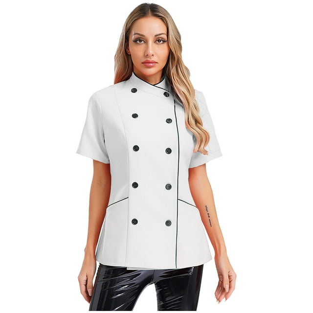 Hansber Women Short Sleeve Chef Jacket Professional Chef Coat Work Uniform for Hotel Cooking Kitchen White L