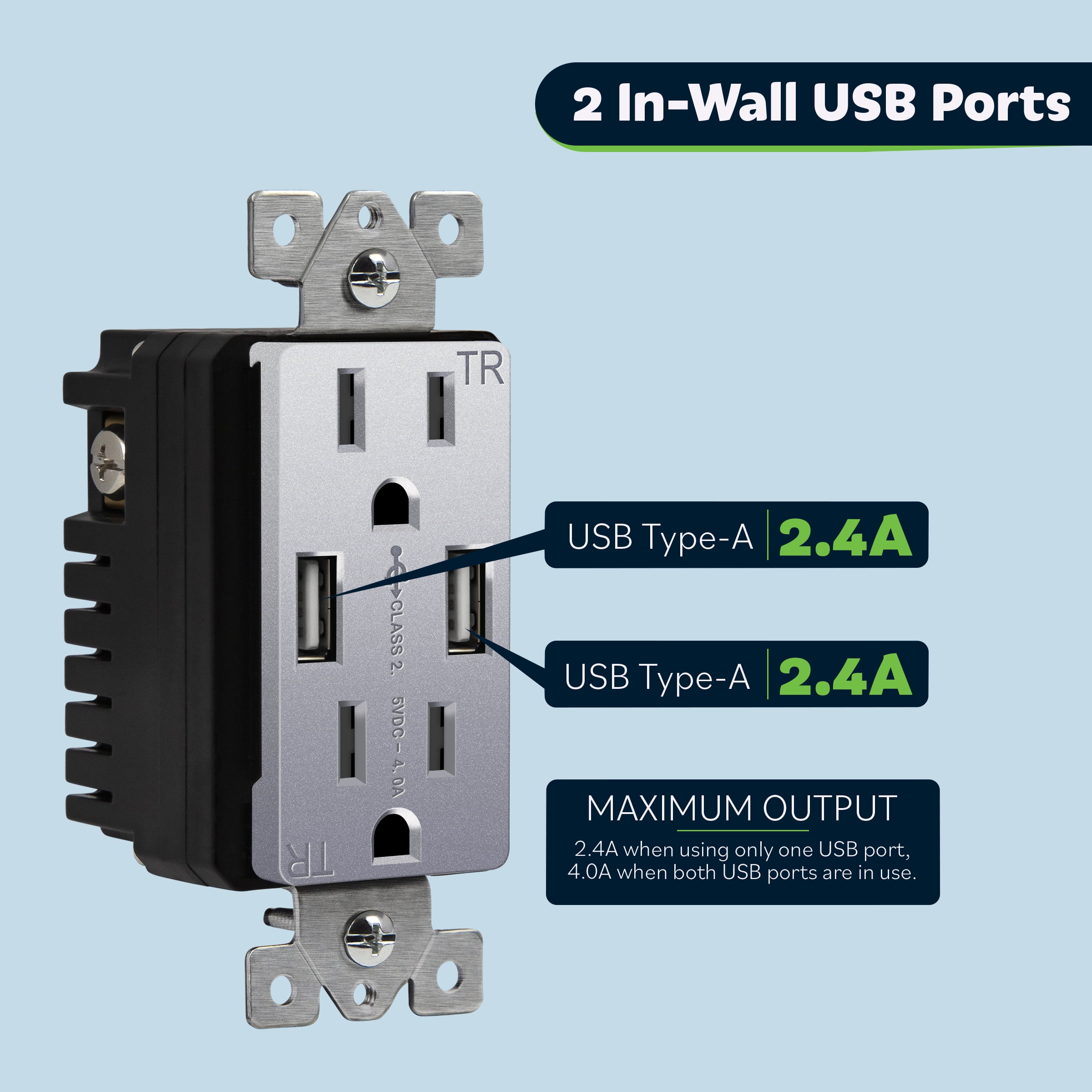 TOPGREENER USB Wall Outlet, High Speed Charger, Tamper-Resistant Receptacles, Compatible with iPhone, Samsung Galaxy, LG, HTC, UL Listed, Silver