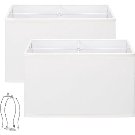 White Rectangle Lamp Shades Set of 2, 16"L x 8"W x 10"H, Large Replacement Lampshades for Table Lamps Floor Lamps, Natural Linen Bedside Lamp Shades, Spider, Harp Holders Included, Easy Assembly