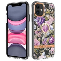 Allytech Floral Series Soft TPU Back Cover Ring Holder Kickstand Bumper Translucent Shockproof Slim Shell Cell Phone Case Cover for Apple iPhone 12, Rose