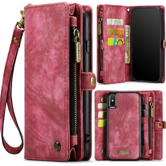 Case for iPhone XS Max TPU PC Handmade Leather Zipper Wallet Cover Trifold with Strong Magnetic Detachable Card Holder