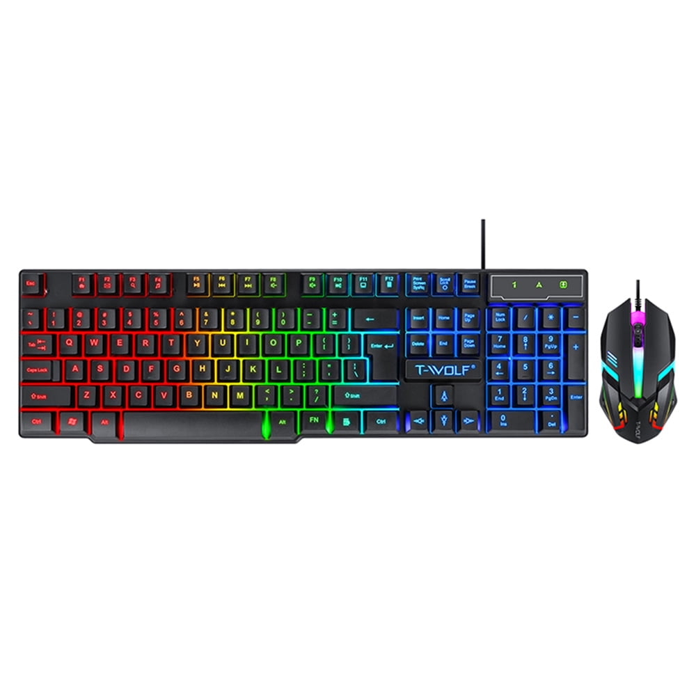 T-WOLF TF800, Computer Keyboards, Four-Piece Gaming Combo 104 Keys Keyboard 4-Color Breathing Light 3.5mm Gaming Headset, Compatible with mobile phone, tablet, laptop, PC, also compatible with XBOX One/XBOX One S, Switch, Black, 4, 1, 4