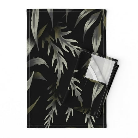 

Printed Tea Towel Linen Cotton Canvas - Forest Black Tropical Jungle Leaves Watercolor Rainforest Fern Print Decorative Kitchen Towel by Spoonflower
