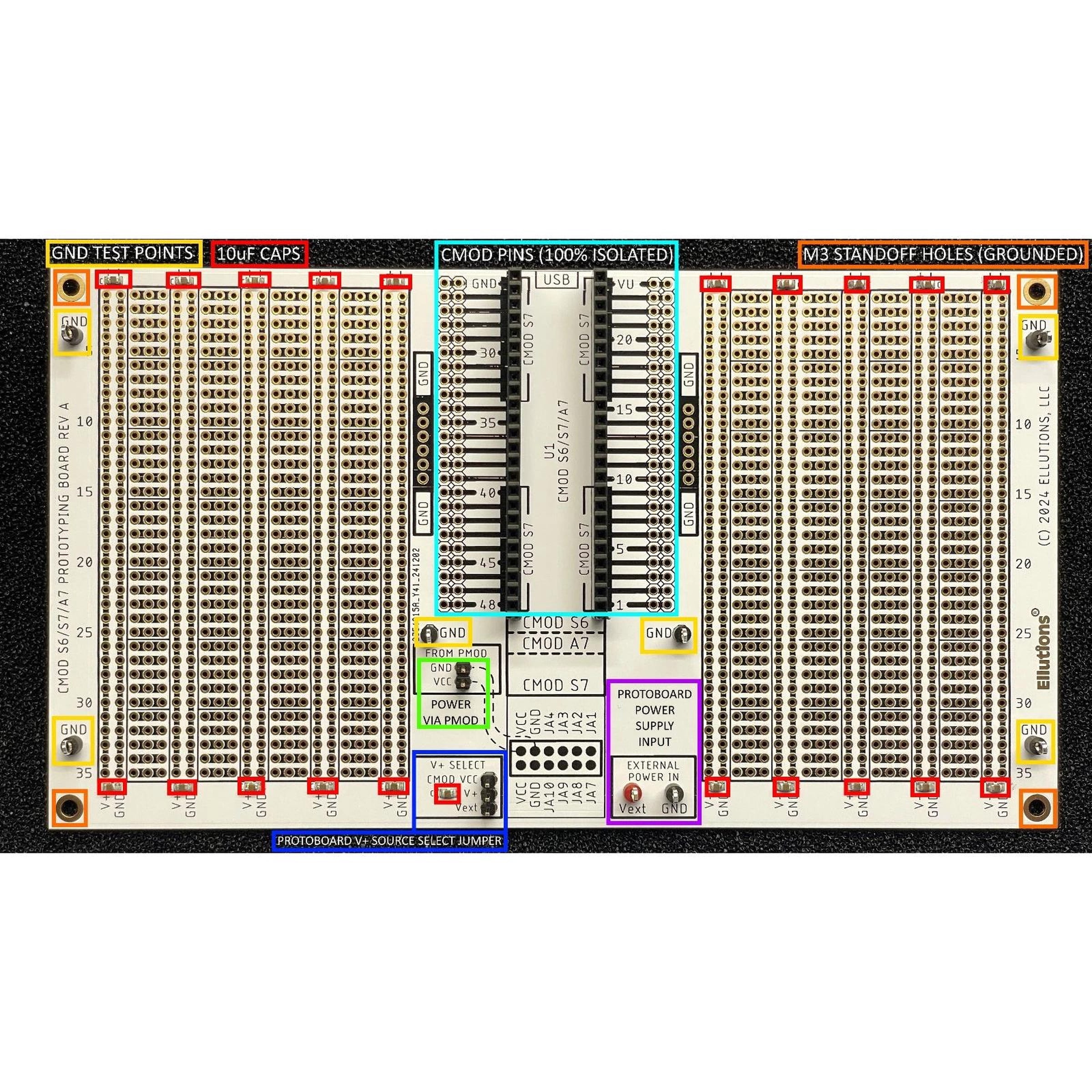 Prototyping board for Digilent S6/S7/A7 CMOD FPGA modules, Arduino Nano & Every