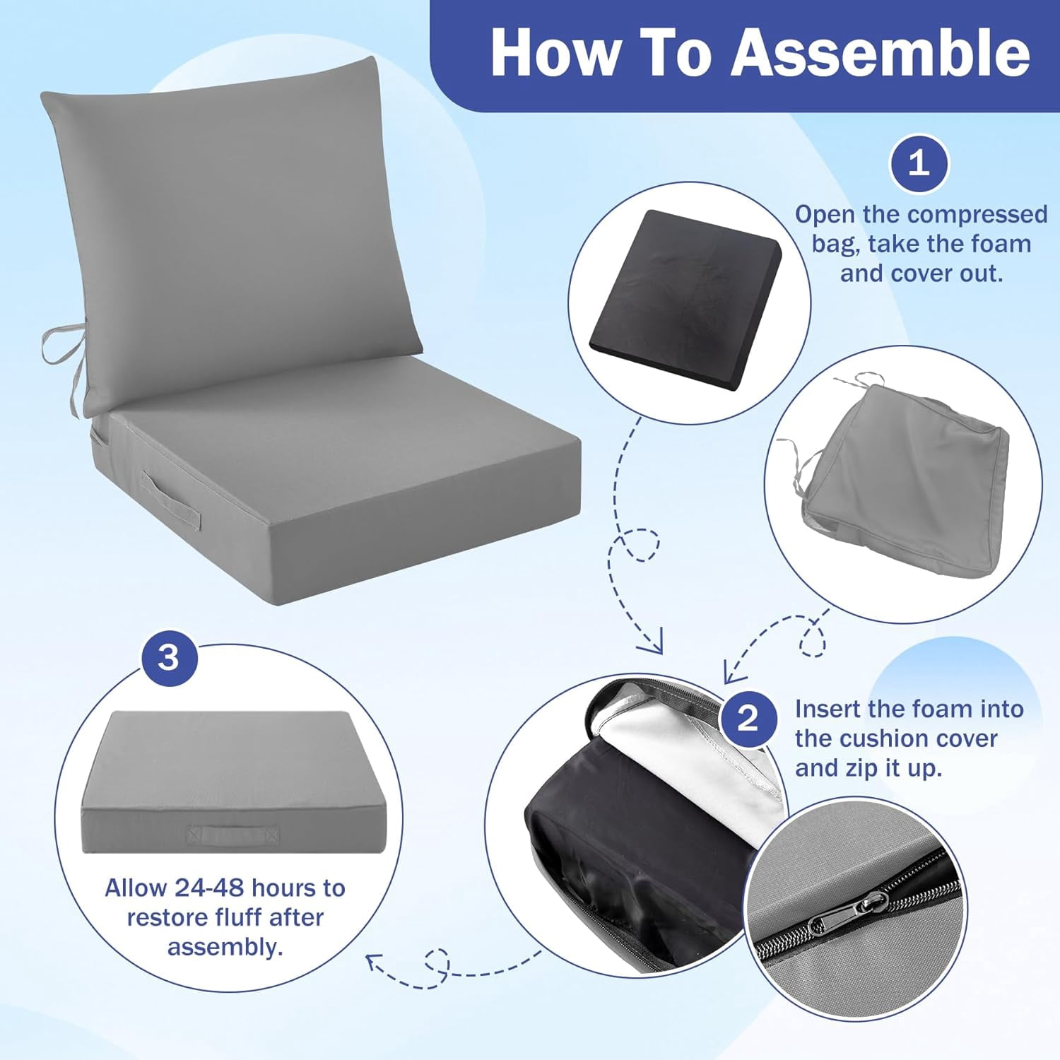Outdoor Seat Cushion Set, Waterproof & Fade Resistant Patio Chair Cushions, Outdoors Cushion for Patio Furniture, 24 x 24 x 5.75 Inch, Outdoor Couch Cushions with Handle and Ties, Grey