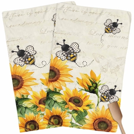 Kitchen Towels Set of 2 Bee Sunflower Dish Towels and Dishcloths Sets Tea Towel Rustic Farm Flower Absorbent Hand Towels for Kitchen Bathroom Drying Cleaning Baking Home Decor