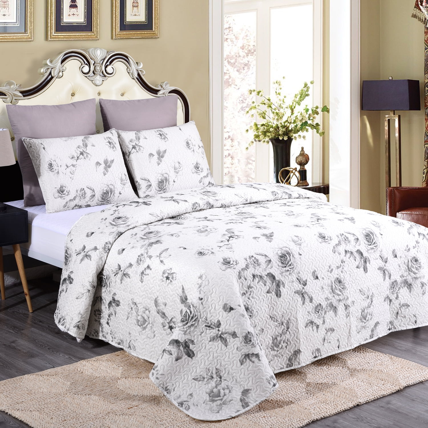 White Grey Flowers Printed 3 Piece Quilt Bedding Set, King