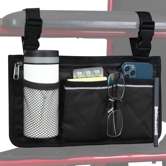 Wheelchair Side Storage Bag w/Cup Holder, Wheelchair Armrest Accessories Pouch with Multiple Pockets and Reflective Strips for Power Wheelchairs, Walkers, Rollators, Seniors