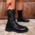 thumbnail image 4 of Women's Knee High Boots with Side Zipper Fashion Buckle Straps Lace up Combat Boots Non Slip Motorcycle Shoes Black Size 6, 4 of 6