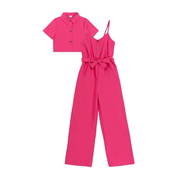 Kucnuzki 7 Years Big Girls Jumpsuit Summer Outfits 8 Years Kid Crop Top Short Sleeve Halter Belted Romper Tween Girl Cute Clothing Set 2pcs Pink