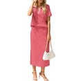thumbnail image 2 of Women'S Skirt Sets 2 Piece Outfits Summer Casual Striped Short Sleeve Skirt and Top Set Pink L, 2 of 10