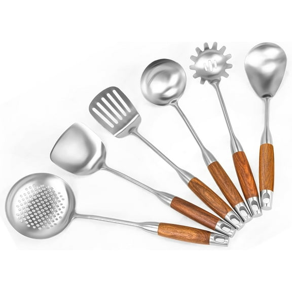 18/10 Stainless Steel Kitchen Utensils Set 6 Pcs Metal Cooking Utensil with Wood Handle, 15.5” Long Spatula, Soup spoon, Leaking shovel, Spaghetti Spoon Kitchen Tools Set (Wood handle - 6 Piece)
