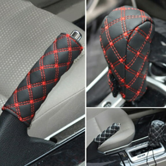 Opvise Car Faux Leather Gear Shift Knob Cover Hand Brake Cover Sleeve 2 in 1 Set