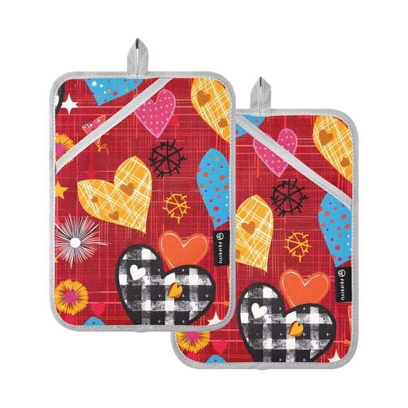 Pot Holders Set of 2 Heat Resistant 338℉ Kitchen Oven Gloves Potholder Cooking Baking Microwave Mitts Colorful Hearts with Stars
