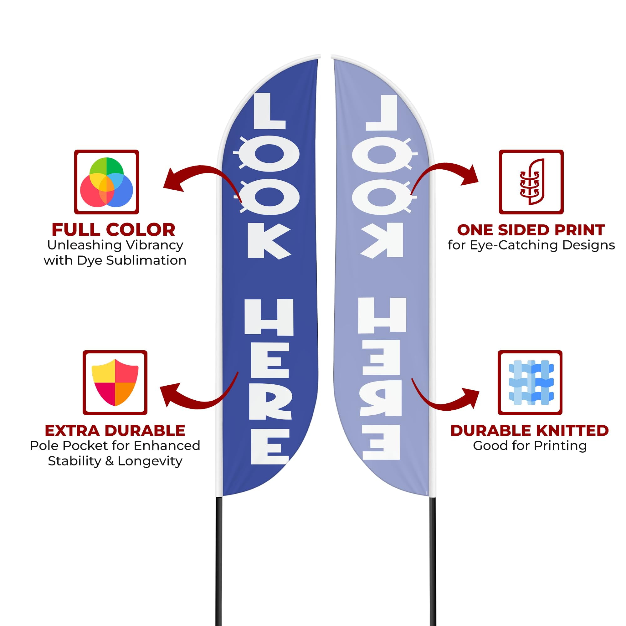 Look Here Sign Feather flag Pole Mount for Outdoor by Mavis Print | 15 FEET Long Polyester Outdoor Banner Flag Pole Kit for Easy Hang | HD Print Swooper Flag Pole Stand for Business Advertising