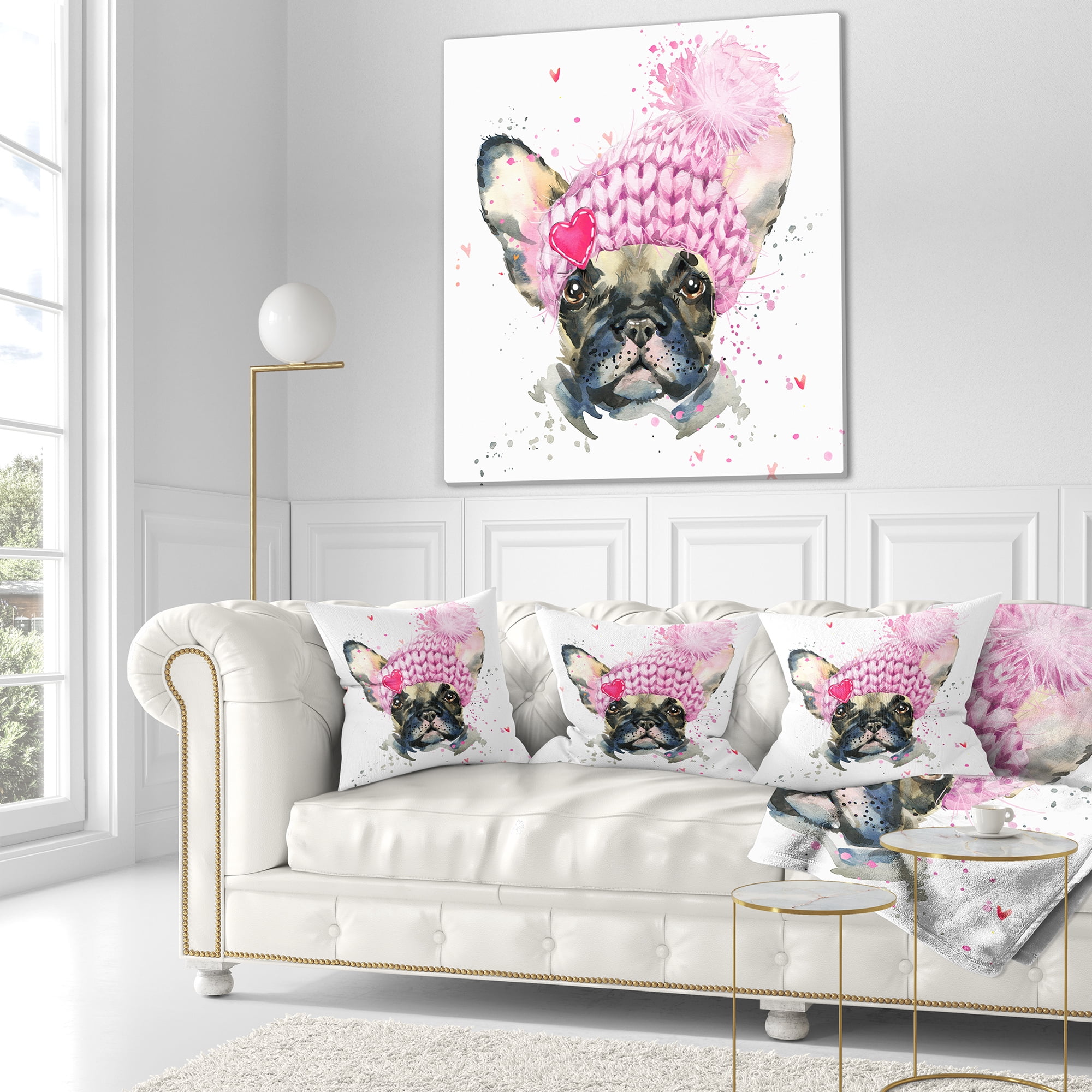 Designart French Bulldog with Pink Hat - Contemporary Animal Throw Pillow - 18x18