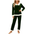 thumbnail image 3 of Feancey Pajama Sets for Women 2 Piece Velvet Lounge Set Faux Fur Trim Collar Long Sleeve Shirt and Pants Sleepwear Sets Winter Fuzzy Warm Homewear Outfits Green XL, 3 of 8