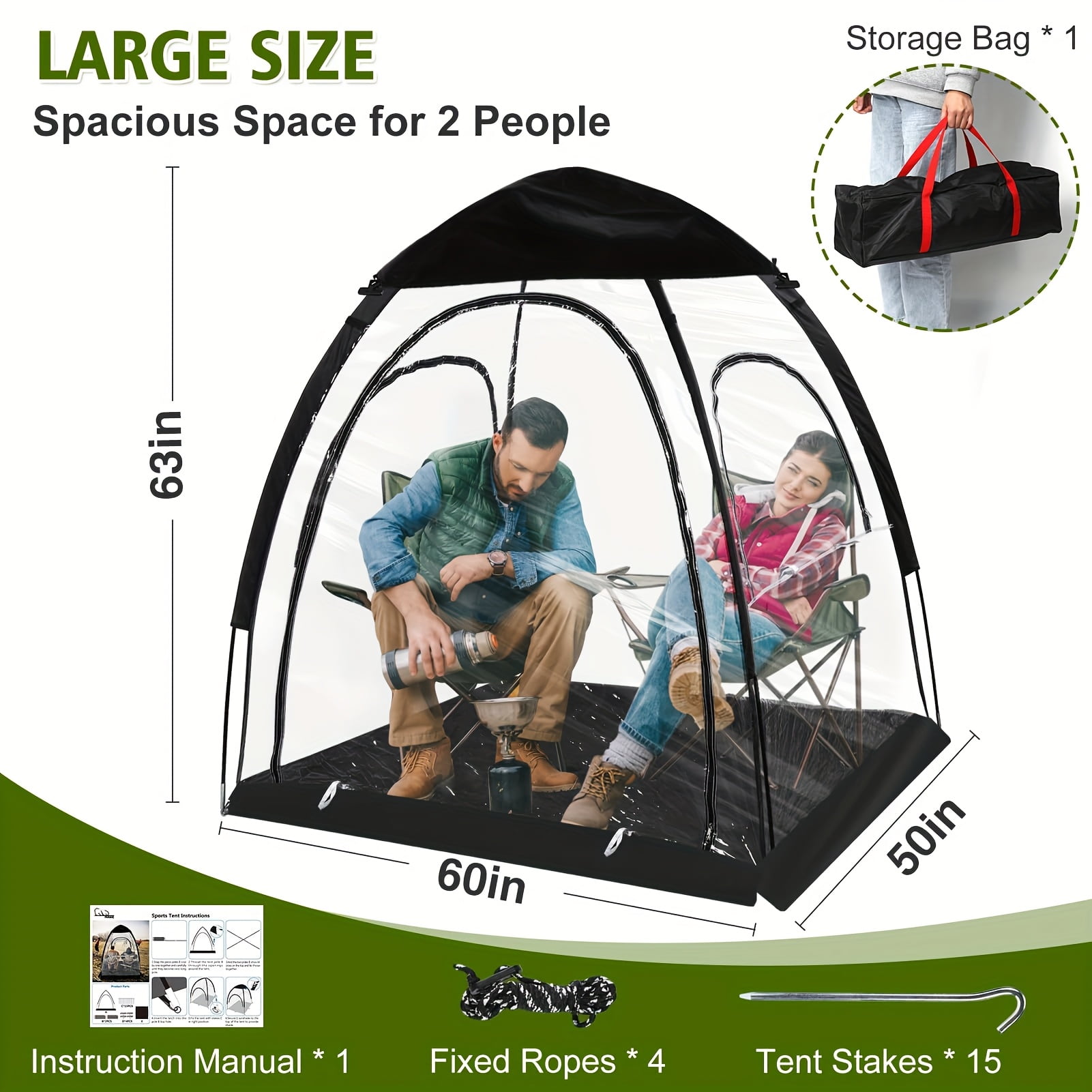 Panoramic transparent waterproof tent, lightweight and large 1-3 person tent for sports, outdoor cleaning tent, rain shelter for watching sports events, camping, fishing, suitable for all seasons