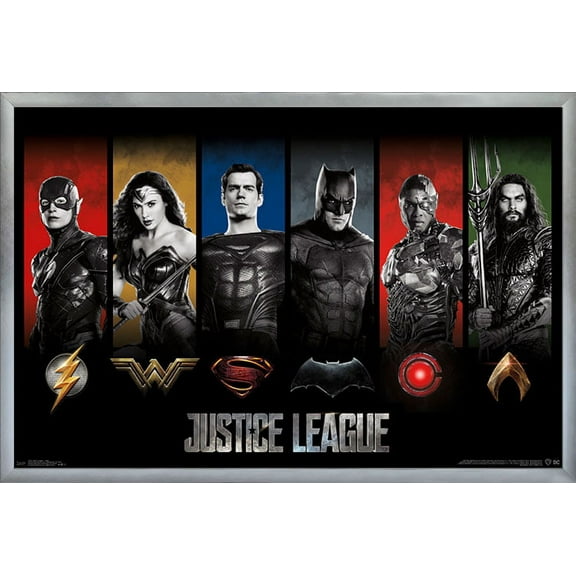 DC Comics Movie - Justice League - Heroes and Logos Wall Poster, 22.375" x 34", Framed