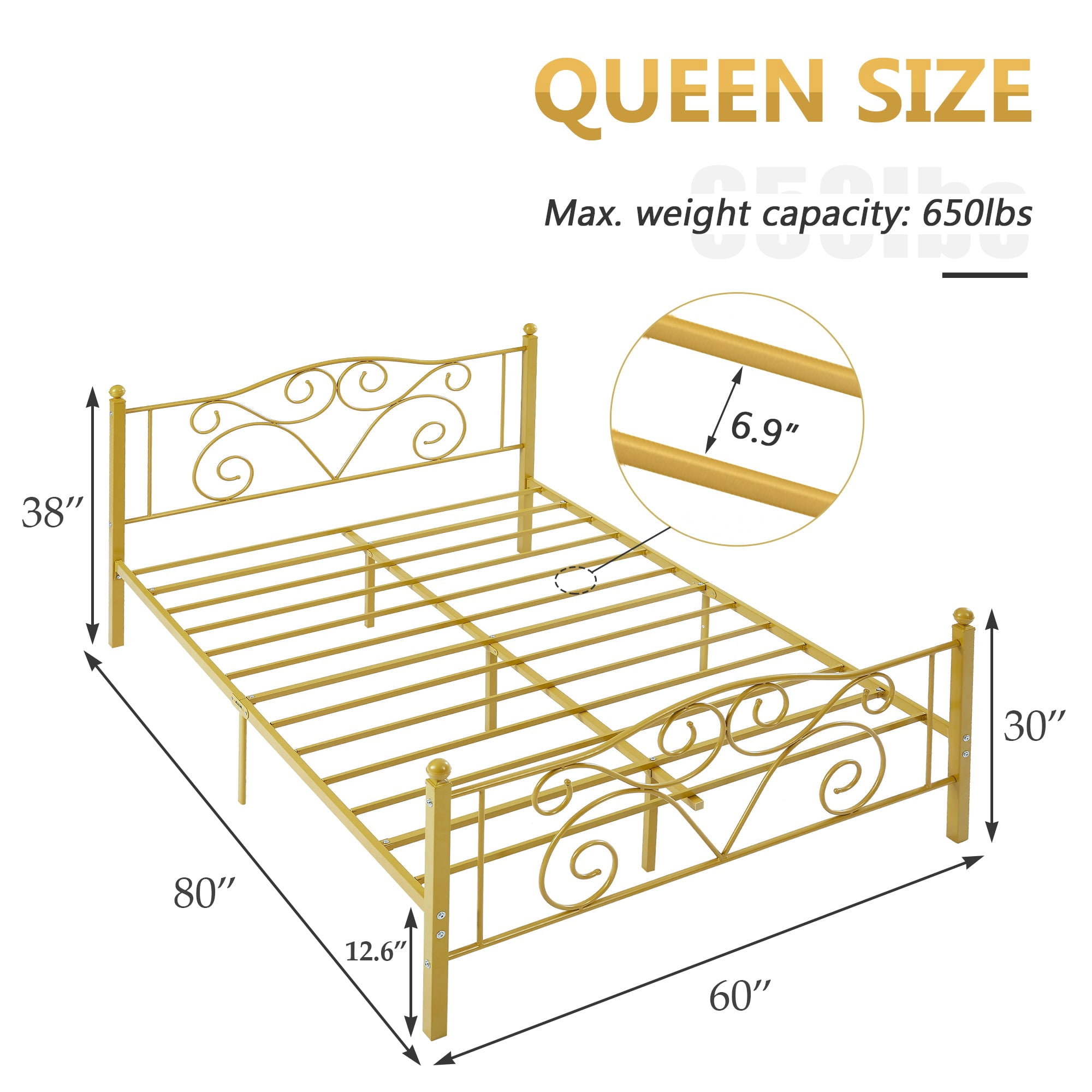 VECELO Queen Size Metal Platform Bed Frame with Arched Headboard and Footboard, Heavy Duty Steel Slat Support, Under-Bed Storage, No Box Spring Needed, Gold