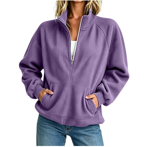 Admvng Women's Sweatshirt Half Zip Ribbed Knit Stand Collar Long Sleeve Pocket Casual Lightweight Pullover Top
