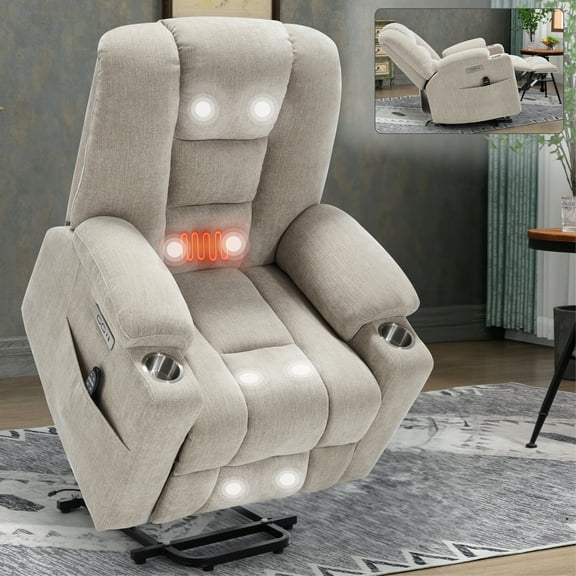 Large Power Lift Recliner Chair with Massage and Heat for Elderly,Chenille Overstuffed Wide Recliners with USB and Type C Ports, 2 Steel Cup Holders,Beige