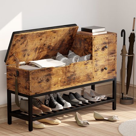 IRONCK Entryway Shoe Bench with Removable Seat Cushion, Flip Top Storage Space and 2 Drawers, Brown