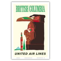 British Columbia - Northwest Indian Totem Pole - United Air Lines - Vintage Airline Travel Poster c.1960s - Master Art Print (Unframed) 12in x 18in