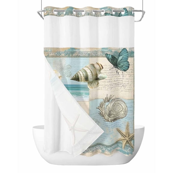 No Hook Shower Curtains with Snap in Liner, Coastal Waterproof Fabric Shower Curtain, Summer Beach Nautical Conch Starfish Butterfly Double Layers & See-Through Top Window Bathroom Curtains 36''x72''