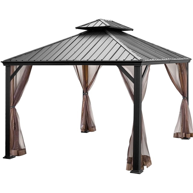 Costway Pavillon à Toit Rigide 12 Pi x 10 Pi à 2 Niveaux pour l'Extérieur, Auvent en Acier Galvanisé, Brun