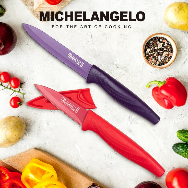 MICHELANGELO Kitchen Knife Set, 10 Piece with Nonstick Colored Coating,  Sharp Stainless Steel Kitchen Knife Set, 5 Patterned Knives & 5 Sheath  Covers