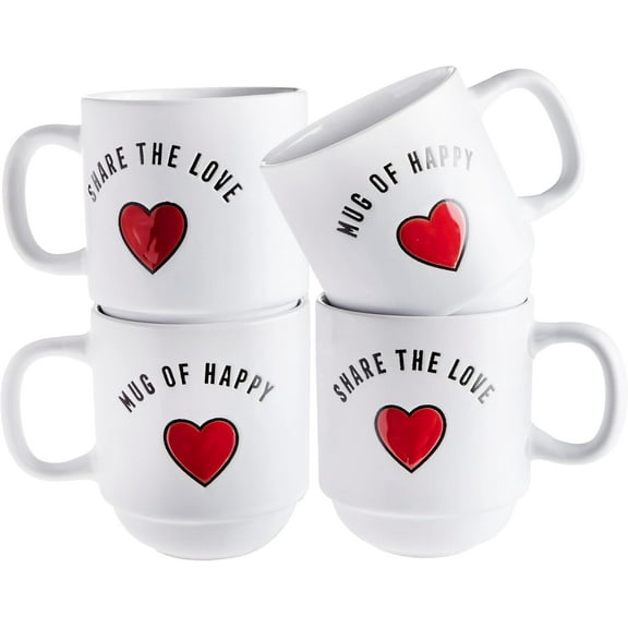 Sheffield Home Set of 4 Stackable Stoneware Mugs with a Metal Rack for Storage, Large Cups for Tea, Mugs for Latte, and Hot Chocolate (Heart Sentiments)