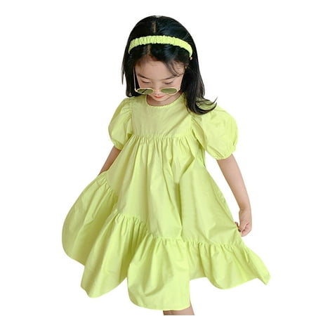 

TAIAOJING Toddler Baby Girl Dress Kids Summer Puff Sleeve Solid Irregular Princess Dress Casual Beach Outfits Girl Clothes 1-2 Years