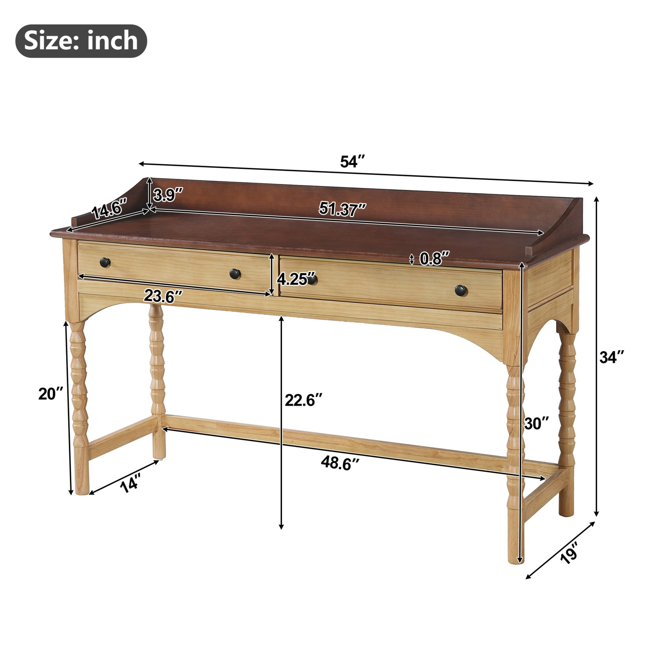 Christopher Knight Home 54" Vintage Writing Desk with 2 Drawers, Wood Vanity Console Table, Brown+Natural