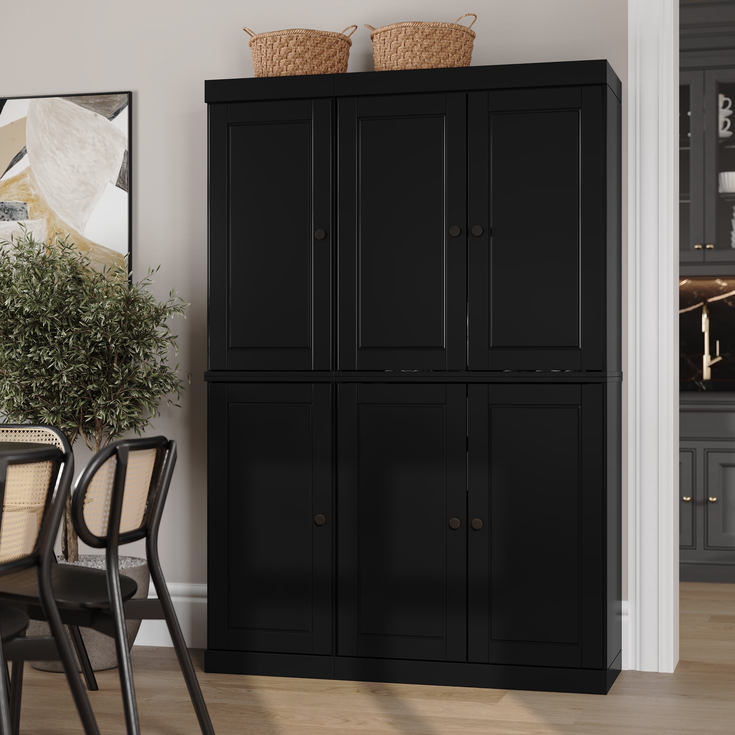 Palace Imports 100% Solid Wood Kitchen Pantry Storage Cabinet with Doors and Adjustable Shelves, 6-Door, Black