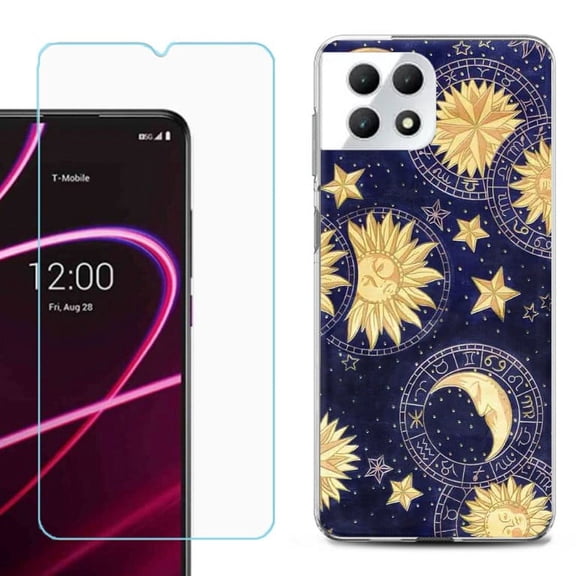 Phone Case for T-Mobile Revvl 7 5G, Shockproof Case Cover with Tempered Glass Screen Protector, by OneToughShield - Moon Sun Star