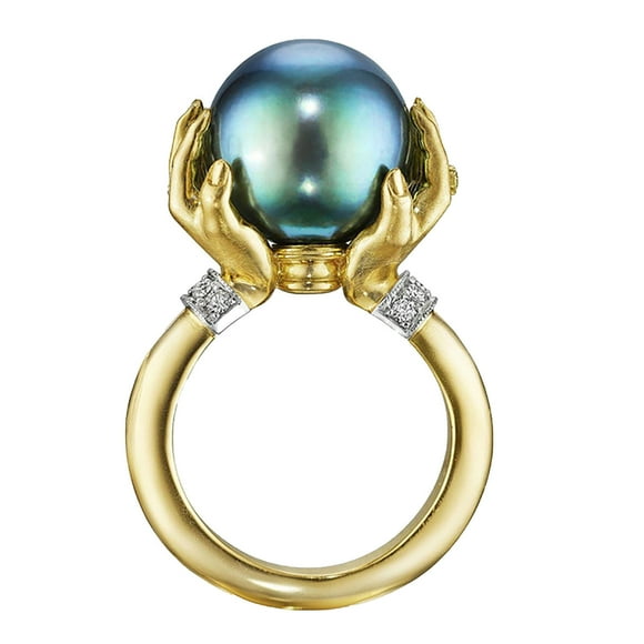 Fashion Ladies Imitation Black Pearl Ring, Two-tone Plated Copper Ring Jewelry